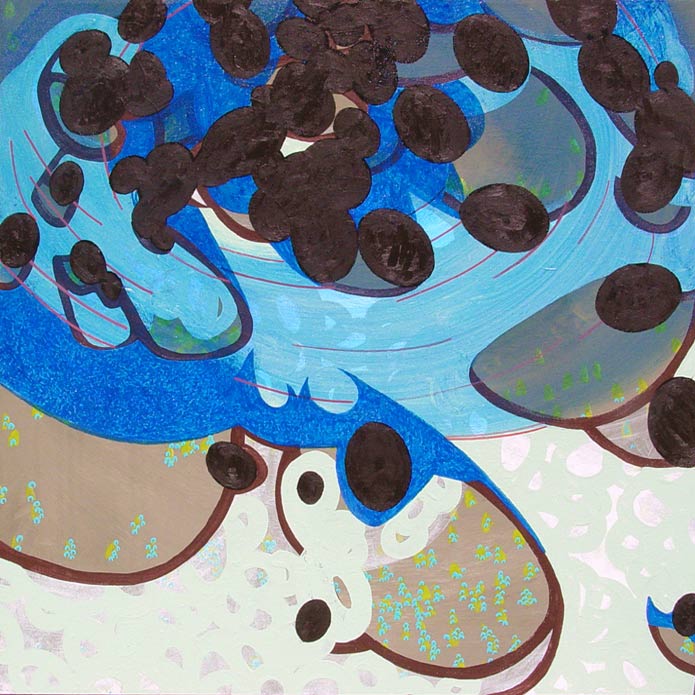 Swarm: Black Bobules and the Blue Wing Getaway, acrylic and oil on canvas, 2006, 32 inches x 32 inches