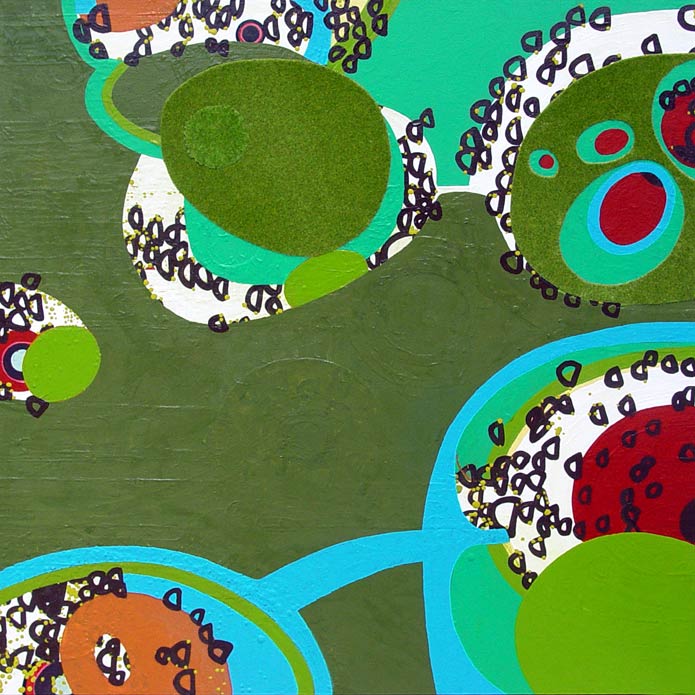Swarm: Downward Dop Inspection of Fuzzy Morf Landing, acrylic and mixed media on canvas, 2006, 34 inches x 34 inches